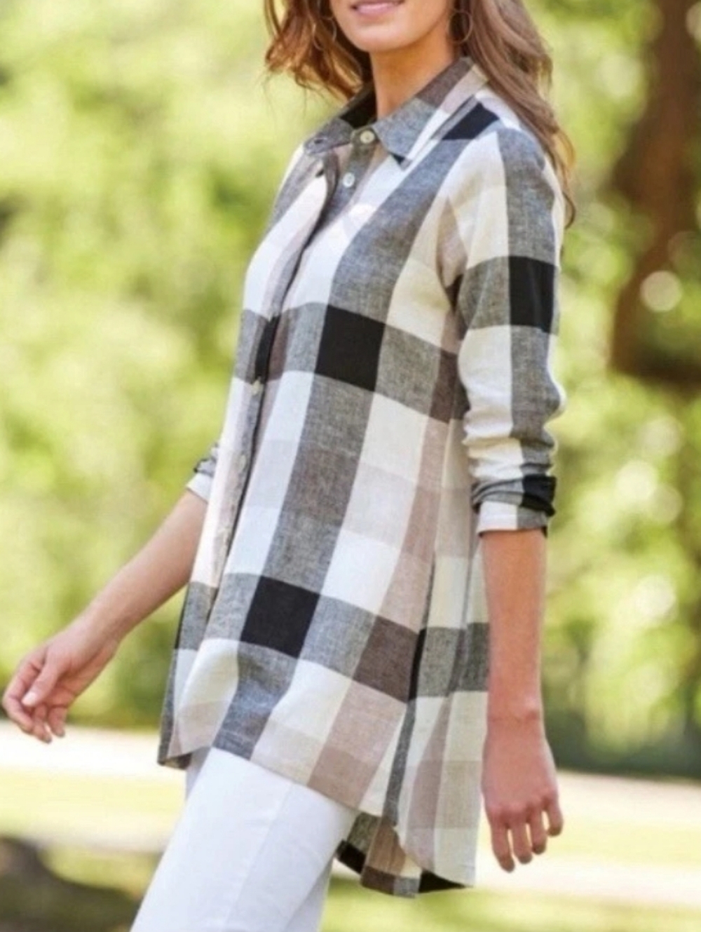 Soft Surroundings Plaid Linen Tunic‎ Top Button Down Shirt Size M